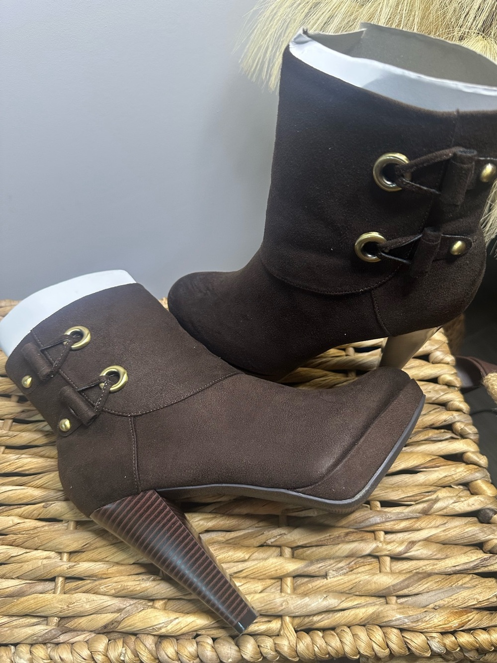 Limelight Dark Brown Suede-Look Ankle Booties with Stacked Heel